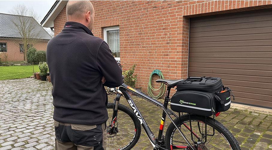 rockbros a6 03bk gepaecktraegertasche wasserdicht Detailansicht beim Testen